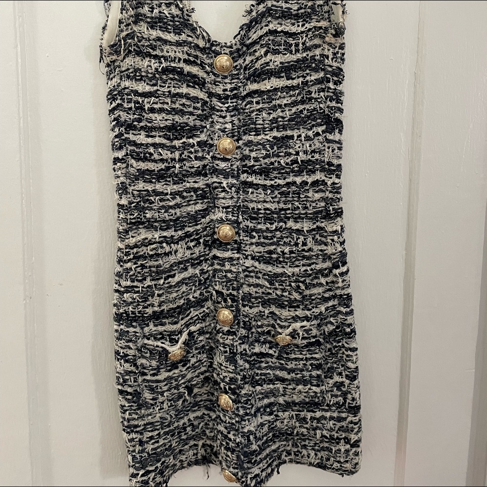 Balmain Black and Cream Tweed Midi Dress